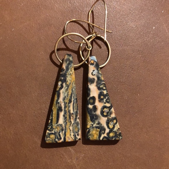 Artisan Agate earth tones modern earring small gold hoop and earwire polished - Picture 1 of 7